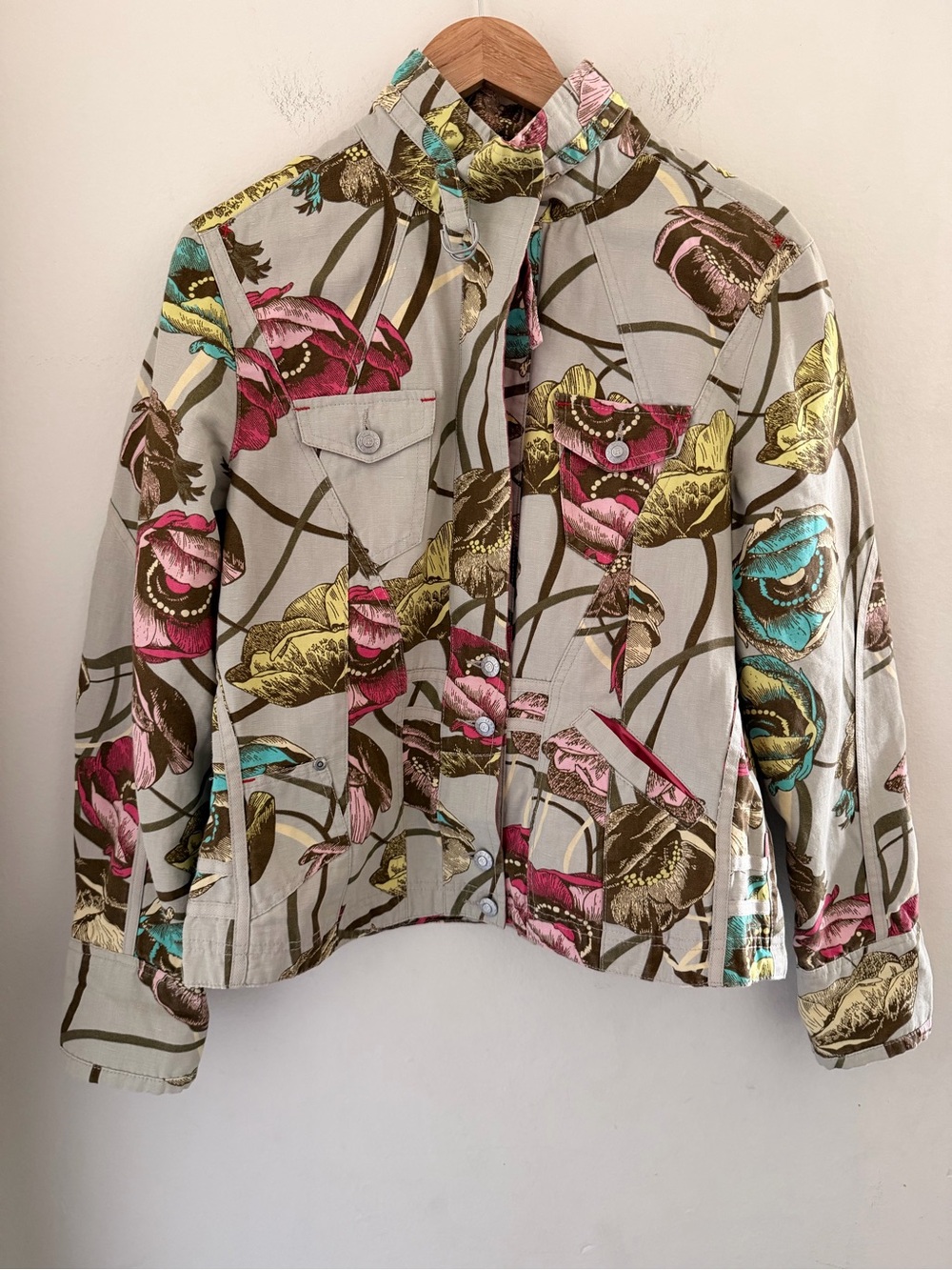 Oilily Multicolor Floral Tulip Cotton Linen Utility Jacket Funnel Neck US 12